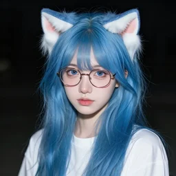 photo of a young woman with messy blue hair and cat ears, nerdy, night photography
