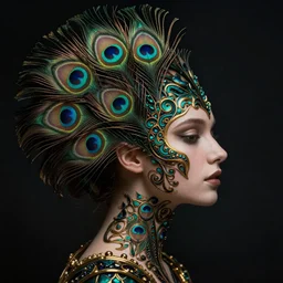 a woman's face in profile, made of intricate peacock feathers, in the style of the dutch masters and gregory crewdson, dark and moody