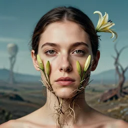 closeup portrait of a woman with roots and lilies growing out of her face, standing in an alien landscape , by Annie Leibovitz and Steve McCurry, natural light, detailed face, CANON Eos C300, ƒ1.8, 35mm, 8K, medium-format print
