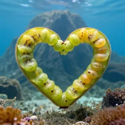 romantic underwater photography of kiwi fruit and gooseberry fruit in heart shapein front an underwater mountain,