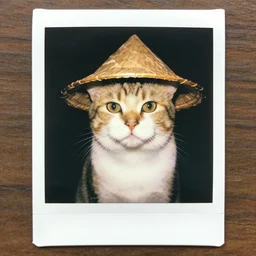 A portrait of a cat wearing a small vietnamese straw hat, award winning photo, polaroid, color photo