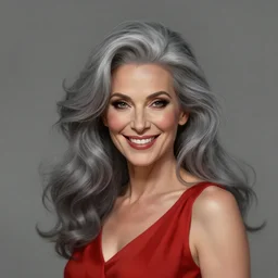 attractive middle-aged witch, wide smile, foxy, sharp features, big grey hair, sleeveless red dress, highly detailed, digital painting, artstation, concept art, smooth, sharp focus, beautiful face, expressive eyes, illustration, art by Artgerm and greg rutkowski and alphonse mucha
