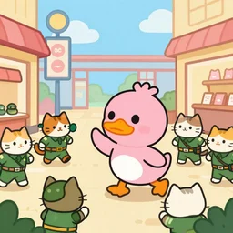 cartoon character pink duck fighting the army of cats, in shopping center, comics, kids drawing style