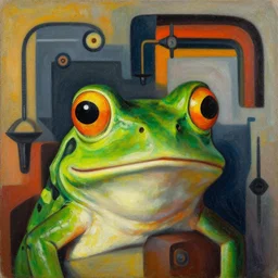 a portrait headshot of frog, bright eyes, melancholic complex geometric figure liminal machinery by oskar schlemmer, moebius, john berkey, film grain, oil on canvas, portrait facial head, featured on artstation, hd wallpaper, 8 k, bright colors