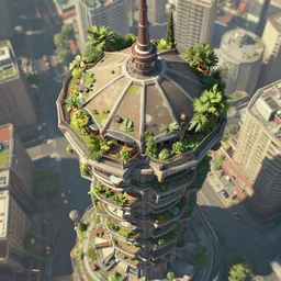 matte painting of the bird's eye view of umbrella tower. garden balconies. retrofuturistic architecture. dynamic perspective. urban, detailed digital art trending in artstation