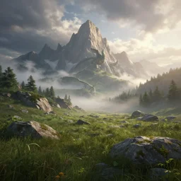 beautiful render of a summer landscape, unreal engine, first light, majestic mountains, rocky meadows, morning mist, dramatic clouds, primal dragon standing, soft light, by greg rutkowski, cgsociety