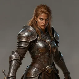 Female barbarian, heavy brown metallic armor, beautiful, light brown messy hair, dark skin, brown eyes, detailed face, battle stance, high fantasy, extremely detailed, alone, DND, D&D, matte painting, by wlop and peter mohrbacher