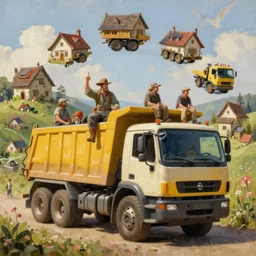 classic oil painting, a dump truck with different adventures circling around it, as a dnd character, cottagecore, highly detailed, digital illustration, concept art, smooth, sharp focus, art by greg hildebrandt, and tim hildebrandt