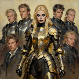 blonde warrior female in black and gold plate armor, long hair, black makeup, 4 k oil on linen by wlop, artgerm, andrei riabovitchev, nuri iyem, james gurney, james jean, greg rutkowski, highly detailed, soft lighting 8 k resolution