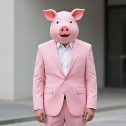 man wearing a pink suit and a pink pig mask standing outside a night club, chris foss, john harris, beeple, wayne barlowe