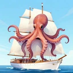 sailing sihp with a giant octopus draped over it, digital art
