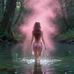 forest nymph rising from the water. view from behind, back view. nuri iyem, james gurney, james jean, greg rutkowski, anato finnstark. award winning photography, pink pixie dust