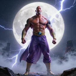 photorealistic full shot of Dwayne Johnson as Broly at moonlight, lightning bolt, apocalyptic background, by Akira Toriyama, high detail, unreal engine 4k volumetric light, fog,