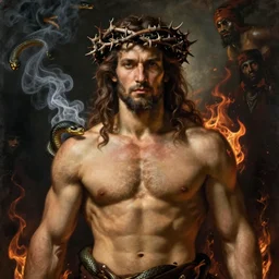 portrait of a shirtless muscular male Nordic God, a wreath of thorns, snakes, smoke, flames, waist up, oil painting in a renaissance style , very detailed, haunted background, painted by Caravaggio, Greg rutkowski, Sachin Teng, Norman Rockwell