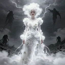 A portrait of a woman wearing clothes made out of thunder clouds and flowers, apocalypse, silhouettes floating in the air in the background, pure white, Masterpiece, glowing, wires everywhere, by Edgar Maxence and Ross Tran, Zdzisław Beksiński, and Michael Whelan, distant, gustav dore, H.R. Giger, 8k, octane render