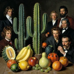 a still life of fruit and cactus in the style of wayne barlowe, gustav moreau, peter mohrbacher, bussiere, roberto ferri, santiago caruso, luis ricardo falero, austin osman spare, boris vallejo, hajime sorayama, frazetta, dali
