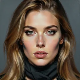 photorealistic painting of a female tattooed face with a scarf, gangster, realistic eyes, symmetric face, beautiful bone structure, dark blonde long hair, painting by gaston bussiere