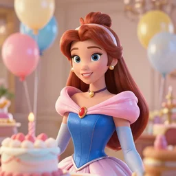 a closeup photorealistic photograph of disney princess sophia at her birthday with balloons and cake. brightly lit scene. this 4 k hd image is trending on artstation, featured on behance, well - rendered, extra crisp, features intricate detail, epic composition and the style of unreal engine.