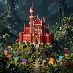 of a beautiful Hyperrealistic red royal castle on top of a hill in the middle of a dark jungle with little rainbow colored shack houses scattered along the lower valley region, different colour houses surround the bottom of the castle, macro lens, highly detailed, digital painting, trending artstation, concept art, illustration, cinematic lighting, vibrant colors, photorealism, epic, octane render