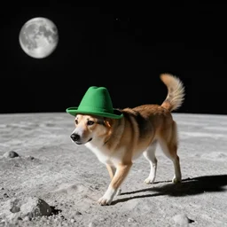 a dog walking on the surface of the moon wearing a green hat