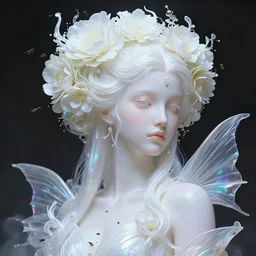 organic goddess with flowers in her hair, holographic white plastic and fin, fantasy, intricate, elegant, highly detailed, realistic, photorealistic, digital painting, artstation, illustration, smooth, clear focus, works by scott davidson, albert auble, krentz kushart, artem demura, flies, cinematic lighting