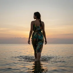 a woman from thailand walking through shallow water, hair tied and braided loosely, jungle gown,  sunset, dramatic angle, hopeless, dynamic pose, 8k hdr pixiv dslr photo by Makoto Shinkai ilya kuvshinov and Wojtek Fus