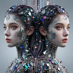 beautiful gemini twins portrait, ultra realistic, wide angle, intricate details, matrix movie artifacts, highly detailed by peter mohrbacher, hajime sorayama, wayne barlowe, boris vallejo, aaron horkey, gaston bussiere, craig mullins