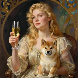 blonde woman with glass of champagne in her hand and a shiba inu puppy on her lap. art by louis theophile hingre and alphonse mucha