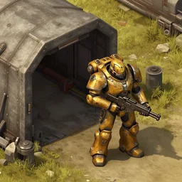 fallout enclave fighter in power armor with a minigun in his hands stands next to the entrance to the fallout shelter, camera view isometric, post - apocalyptic,