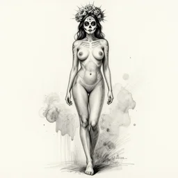 full body pencil sketch of a beautiful young woman with mexican make up, dia de los muertos, no clothes, perfect anatomy, full body, watercolor background, pencil art, ink and pencil, hyperrealistic, hyperdetailled, digital art, greg rutkowski, artstation, 8 k, beautiful drawing, paper texture, spray paint, watercolors