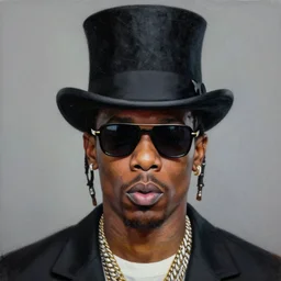 portrait of travis scott with sunglasses and a top hat, painting