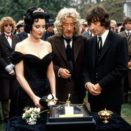 Olive Oyl with isacc newton and john lennon at a wake
