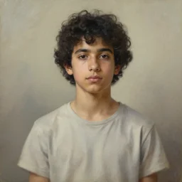 a medium shot portrait of an 1 8 - year - old male of mixed lebanese and filipino descent with black curly hair and light skin, attractive, ethereal, oil painting