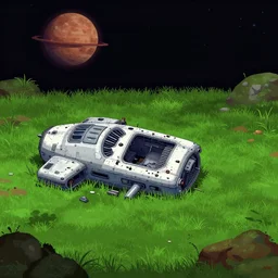 next to the wreckage of a small spaceship on a grass field, on an alien planet, from a sierra point and click 2 d graphic adventure game, set design inspired [ very slightly ] by ( ( tomb raider ) ), art inspired by [ [ thomas kinkade ] ] and mark keathley