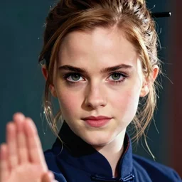 a close up portrait of emma watson as kung fu sensei, intricate detail, vibrant colors, cinematic lighting