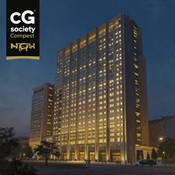 a painting of a building with a lot of lights on it, a detailed matte painting by pu hua, cg society contest winner, bengal school of art, rendered in unreal engine, artstation hq, unreal engine 5