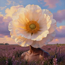 closeup, giant flower as the head, african woman in heather field, surreal photography, golden hour, colorful clouds, impressionist painting, digital painting, artstation, simon stalenhag