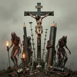 pencils of 1 1 horrifying flayed gods, crucifixion medical tiered equipment, brutalist gestalt, aged, poxed, abandoned, by v finlay, wayne d barlowe, stefano tamburini, torch light, muted colors, epic, hyper detailed, awe inspiring, award winning horror, hyper realism, cinematic