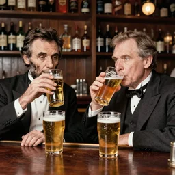 full color photo of abraham lincoln and stephen douglas drinking pints of lager at the bar, 2 0 0 4 digital camera snapshot