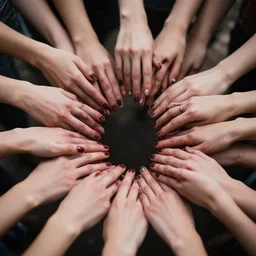 photograph of hands lots of hands, female hands, painted nails, creepy, one point perspective, 1-point perspective, tilt shift, sigma 85mm f/1.4, 4k, depth of field, high resolution, 4k, 8k, hd, full color