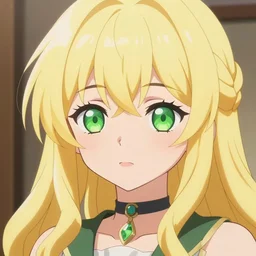 very cute and beautiful anime girl portrait with highly detailed green eyes and pastel yellow hair, with intricate details, in professional modern anime style, made by ross tran, wlop, laica chrose, fashionable cute anime girl,