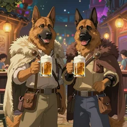 a two humanoid german shepherds beast - men, holding a mug of beer, a lot of pockets, fur cape, tavern background, magical, bright, colorful, fantastic lighting, amazing details, 4 k uhd, illustration by hayao miyazaki and makoto shinkai and ilya kuvshinov, artstation, pixiv,