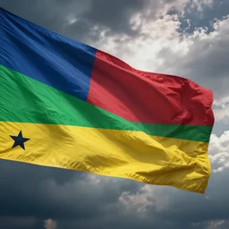 graphic design, flag, combination of coloured rectangle of blue-green-red-yellow, small stars in foreground