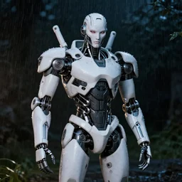 a photo portrait of a biomechanical mech made of cyber muscles and pale skin in outdoor photoshoot at night while it's raining