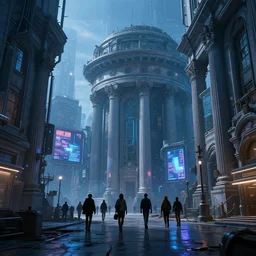 travelers walking through the remnants of a dystopian city, classical architecture, technological lights, screens, cyberpunk ads, ancient buildings, cyberpunk style, 8 k resolution, by hugh ferris and john smith, polished, fine detail, intricate, blue color scheme, cyberpunk style, smooth, octane, concept art, trending on artstation