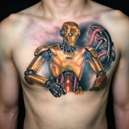 chest tattoo of a maintenance slap in the skin with a golden robot mechanic with glowing tubes inside under the skin, insanely integrate,