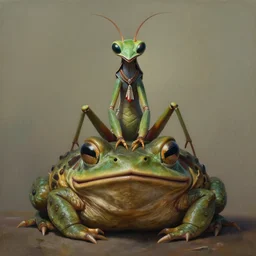 a matte symmetrical portrait of Heitsi Eibib, the Mantis-headed god of the Khoisan tribe. He sits in the mouth of an enormous toad. Award winning surrealist portrait Painting by alex gray and android jones , Karol Bak, Ayami Kojima, Amano , concept art, character design, fantasy,3D, 8k resolution
