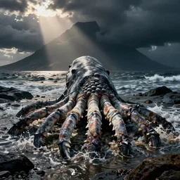 massive kraken washed ashore in south africa. production photograph from horror film.