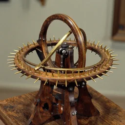 realistic photo of a a medieval wooden astronomic scientific chemistry tool made of dark old oak wood, covered with long brass spikes 1 9 9 0, life magazine reportage photo, natural colors