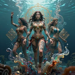a centered full body render of a harem alluring festival hippies with tribal tattoos surrounded by a underwater ink pour and flowing liquid galium and sacred geometry, perfect body face and hands, powerful, cinematic, beautifully lit, by artgerm, by karol bak, by donato giancola, 3 d, trending on artstation, octane render, 8 k